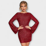 Haljina bez leđa sa šljokicama i dugim rukavima